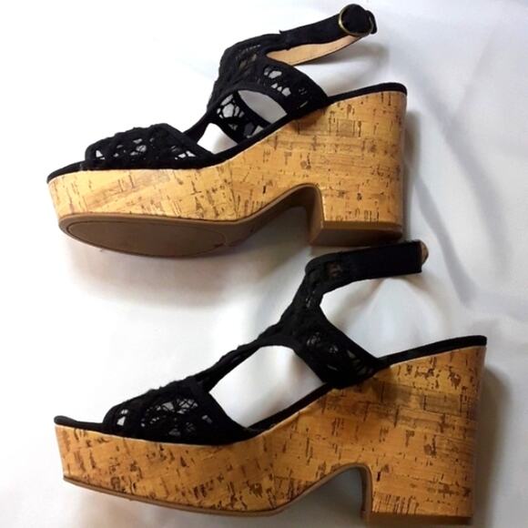 American Eagle Womens Sz 9 BOHO Festival Black Lace Platform 4" Wedge Heels - Picture 9 of 12